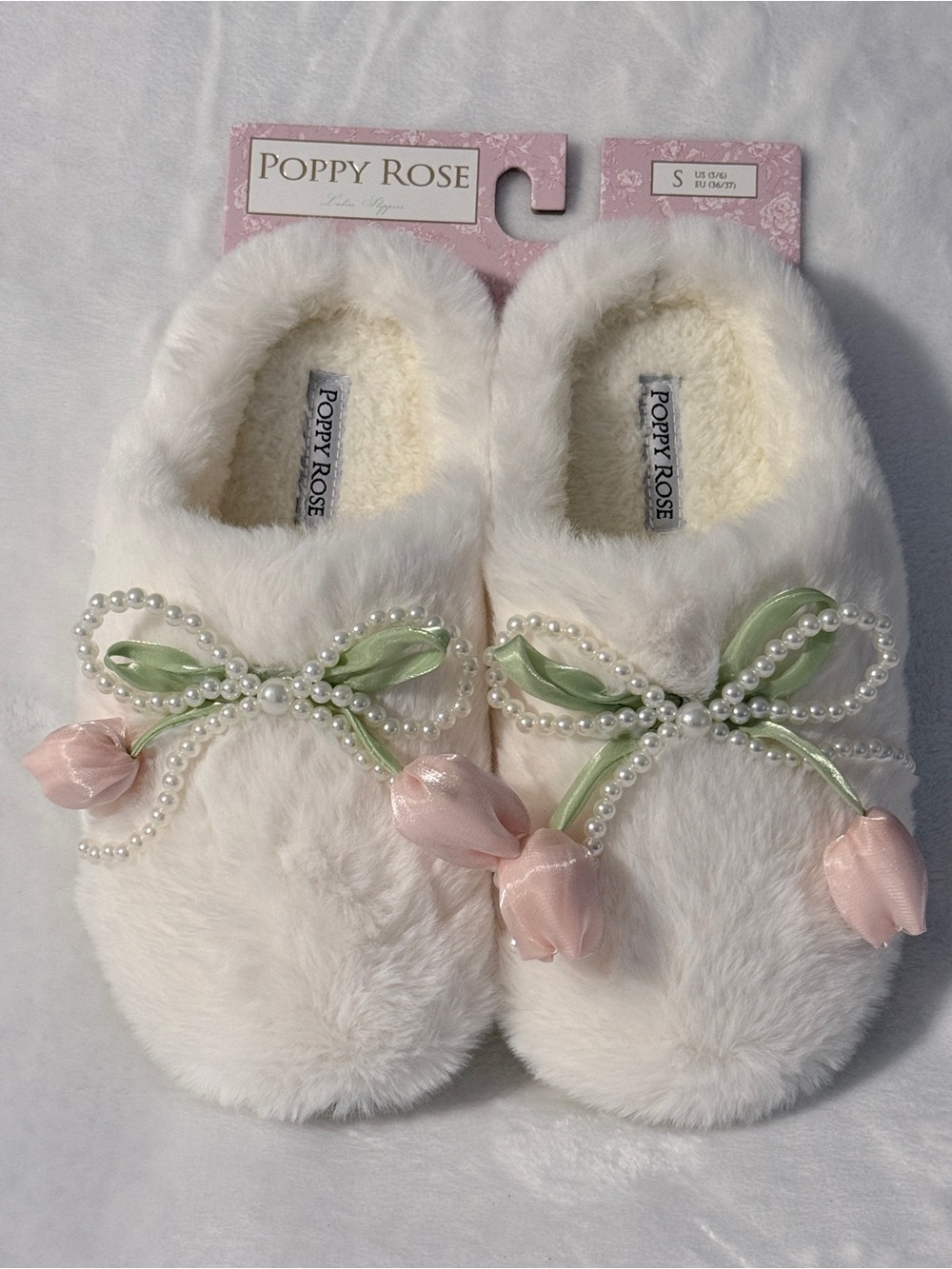Women's White Faux Fur Slippers with Pink Tulip Accents